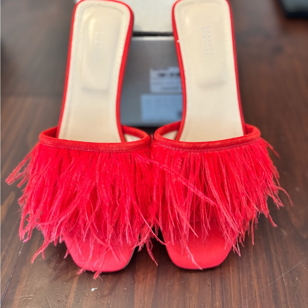 Barneys New York Red Feathered Mules